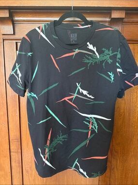 Topo Designs Black Short Sleeve Tee with Green, Red and White Botanical Print
